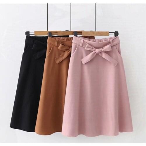 Elegant Women Skirt High Waist Pleated Knee Length Skirt Vintage A Line Big Bow Skirts