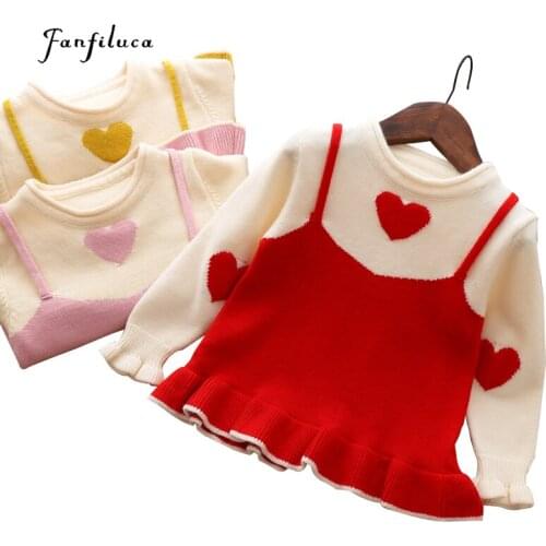 Fanfiluca Toddler Girls Sweaters Fake two Piece Heart Outerwear Children Round Collar Pullovers Baby Girl Cotton Knit Sweaters