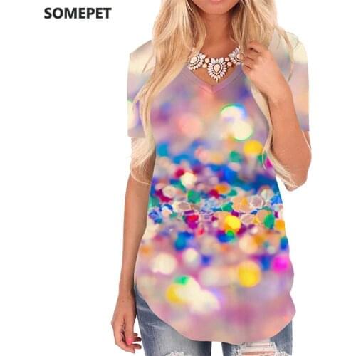 SOMEPET Colorful T Shirt Women Psychedelic V-neck Tshirt Shine Shirt Print Novel Tshirts Printed Womens Clothing Hip hop Cool