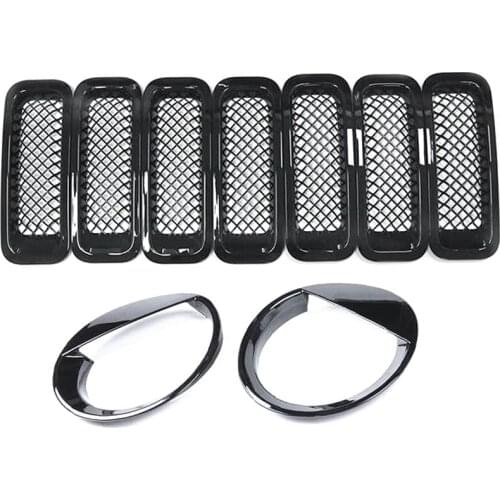 9Pcs Front Grille Grill Mesh Grille Insert Kit + Style Headlight Lamp Cover Trim for Jeep Patriot 2011-2016