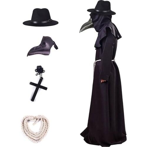 New Plague Doctor Cosplay Costume Medieval Hooded Robe Steampunk Terror Mask Hat Adult Halloween Party Role Play Size S-XXL