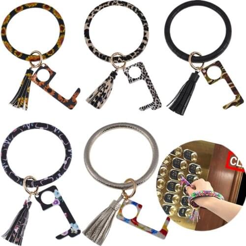 Fashion Leopard Wristlet Keychain for Women Girls Pu Leather O Keyring Large Round Key Ring Keychains Acrylic Door Opener