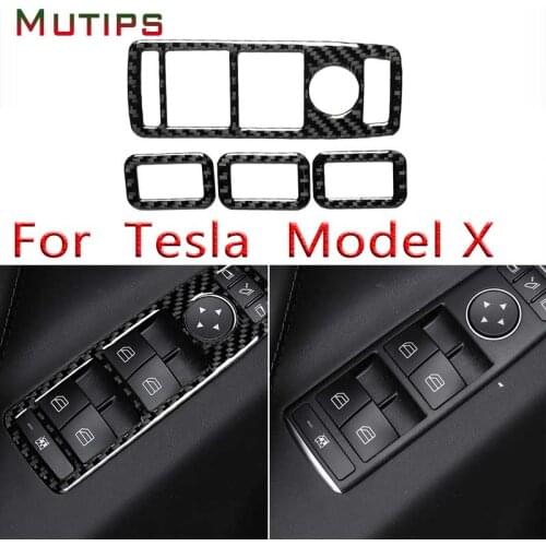 Mutips Car Carbon Fiber Window Lift Switch Panel Trim Cover Stickers Accessories Decoration Styling For Tesla Model X 2014-2019