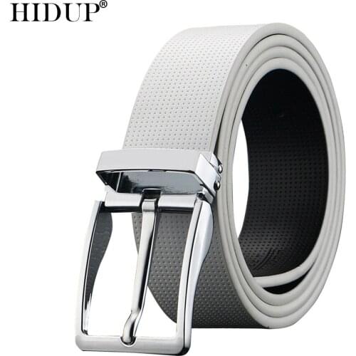 HIDUP Quality Simple Design Sliver & Gold Pin Buckle Belts for Men Real White Genuine Leather Belt 3.5cm Width Clothing NWJ1071