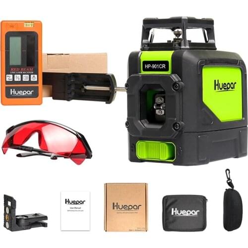 Huepar Red 5 Lines Laser Level Cross Line 360 Rotary Self-leveling Lasers With Digital Laser Detector Receiver + Laser Glasses