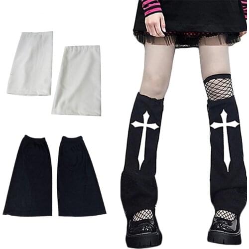 Women Girls Gothic Punk Calf-Length Socks Harajuku Hip Hop Black White Cross Sword Printed Lolita Leg Warmers Covers