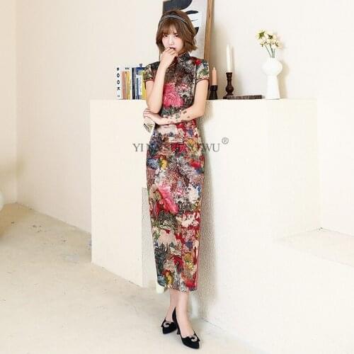 New Summer Autumn Long Cheongsam Dress Women Dress Slim Performance Middle-aged Women Qipao Chinese Style Short Sleeves Low Slit