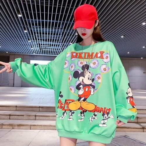 Disney Synthetic Mickey Mouse Autumn Thin Cartoon Loose Hoodies Sweatshirt Women Printed Casual Hooded Pullover Female Coat