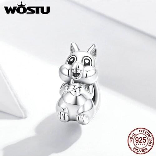 Wostu 925 Sterling Silver Cute Squirrel Oxidized silver Original Charm for Brand DIY Jewelry Make for women Girl BSC338
