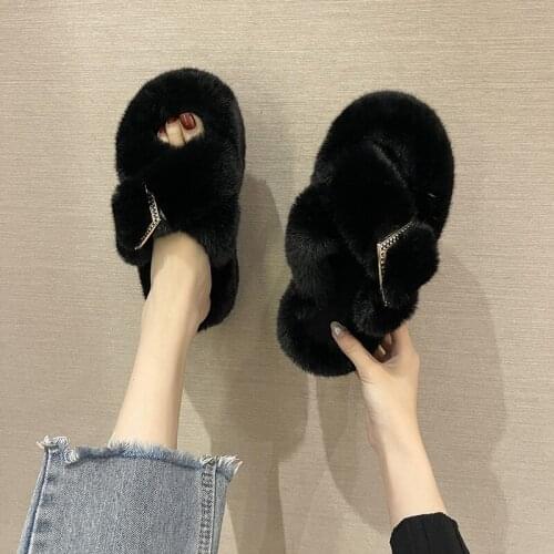 Winter Slippers For Women Indoor Plush Cross-tied Metal Decoration Buckle Fashion Solid Soft Flat Shoes For Female Lady