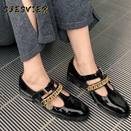 SGESVIER 2021 Metal Chains Mary Jane Female Shoes Ins Fashion Square Heels Cow Patent Leather T-strap Buckle Women Pumps Size 40