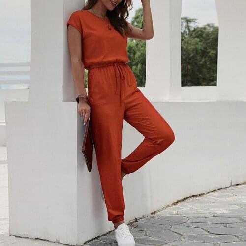 O-neck Empire Solid Strawstring Women Jumpsuit Short Sleeves Patchwork Streetwear Simple Basic Summer Fashion New Trend 2021