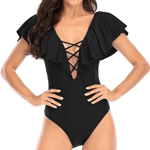 2021 New Arrival Black Swimsuit Women One Piece Vintage Swimwear V-Neck Bathing Suit Ruffle Bodysuit Bandage Summer Beachwear