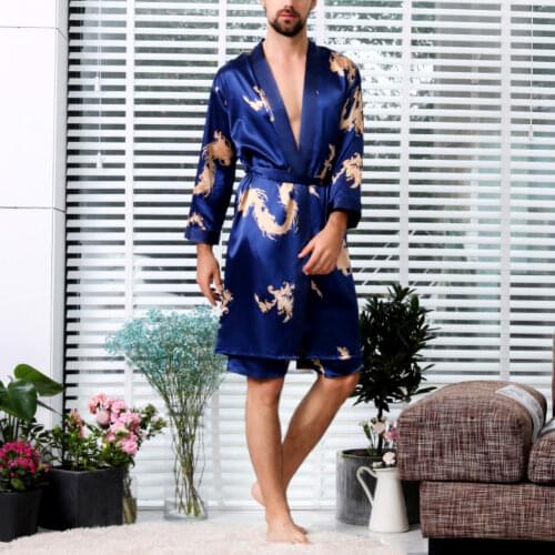 2Pcs Men Imitation Silk Dragon Print Bath Robe Short Pants Pajama Sleepwear Set New Men Sleepwear Home Nightwear Male Casual Men