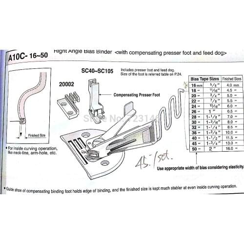 A10C MADE IN TAIWAN LOCKSTITCH RIGHT ANGLE TAPE BIAS BINDER (with presser foot and feet dog) 18 28 22 24 26 28 30 32 36 40 45 50