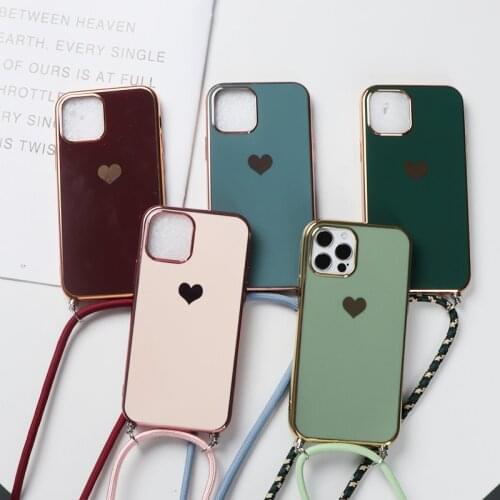 Electroplated Love Heart Phone Case For iPhone 12 11 Xs Pro Max X XR 7 8 6 Plus 12 Mini Luxury Protective Lanyard Strap Bumper