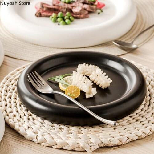 Black Round Steak Ceramic Tableware Plate Dish Plate Pure Color Nordic Dessert Plate Western Dinner Plate Kitchen Porcelain
