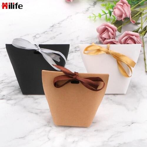 Birthday Party Decoration Bags With Ribbon White Black Candy Bag Blank Kraft Paper Bag 50pcs Wedding Favors Gift Box Package