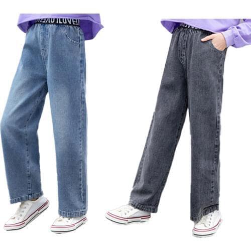 Teenage Girls Jeans 2021 Spring Autumn Fashion Loose Straight Wide Leg Pants Kids Denim Pants Girls Children Trousers 5-14 Years