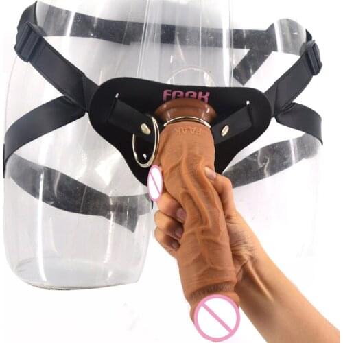 FAAK strapon huge realistic dildo soft silicone double layer penis skin touch sex toys for women masturbate leather harness