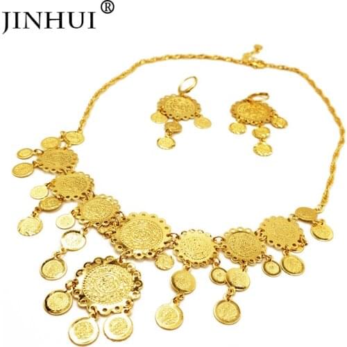 Jin Hui African Fashion gold color coin jewelry sets women Anniversary gifts wedding Necklace Earrings sets 60cm Pendant Gift