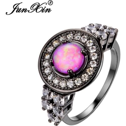 JUNXIN Size 6/7/8/9 Jewelry Fire Pink Round Opal Rings Mini White CZ 10KT Black Gold Filled Women Engagement Ring RB0256