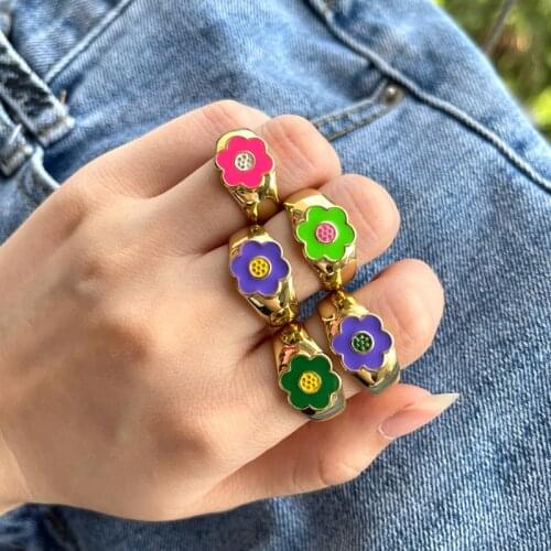 10Pcs New Trendy Sweet Styles Gold Plated Enamel Flower Ring Women Adjustable Finger Rings Party Jewelry Gift