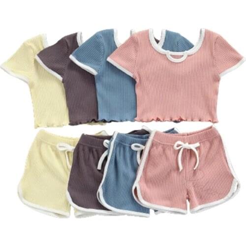2 Pieces Kids Suit Set, Summer Round Neck Short Sleeve T-Shirt+ Short Pants for Girls, Pink/Blue/Gray/Yellow