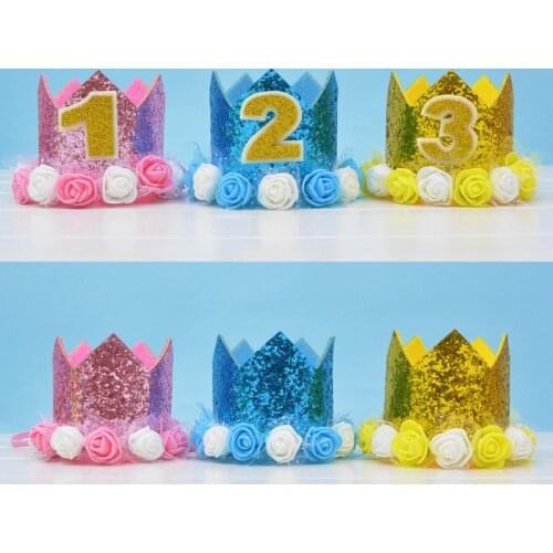 Cute Baby First Birthday Headband Kids Floral Crown Party Decor Baby Shower Number Princess Caps Child Gifts