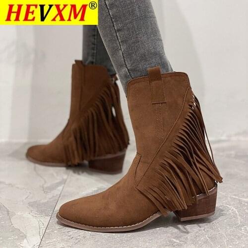Fashion Fringed Women Boots Winter Warm Ankle Boots Ladies Low-heeled Pointed Toe Shoes Woman Cowboy Knight Botas Mujer