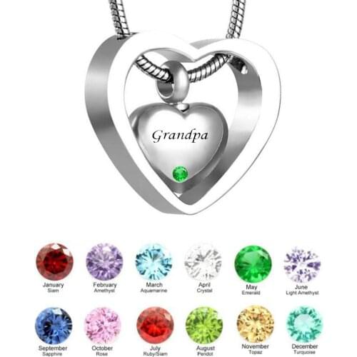 Custom Double Heart grandpa Twelve months birthstone Urn Necklace Pendant with Funnel ashes Keepsake Cremation jewelry
