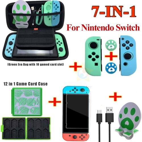 New 7 in 1 Game Accessory Set Green For Nintend Switch Travel Carrying Bag Screen Protector Game Card Case Charging Cable