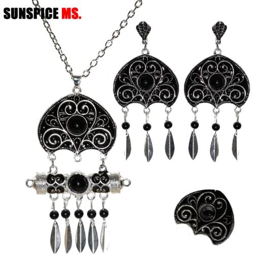 SUNSPICE MS Turks Silver Color Earring Necklace Ring Sets 3pcs For Women Gothic Banquet Jewelry Indian Bridal Bijoux 2019