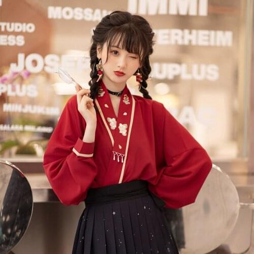 New Improved Hanfu Clothes For Women Adult Red Tops Black Skirt Chinese Element Clothing Female Cosplay Stage Costumes DQL5599