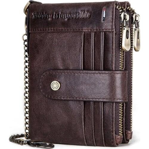 2021 New Mens RFID Blocking Leather Bifold Wallet with Anti Theft Chain