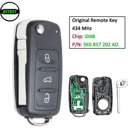 DIYKEY Original Flip Remote Car Key Fob 3 Button 434MHz ID48 for for VW Volkswagen Toureg Beetle Golf Jetta 5K0 837 202 AD