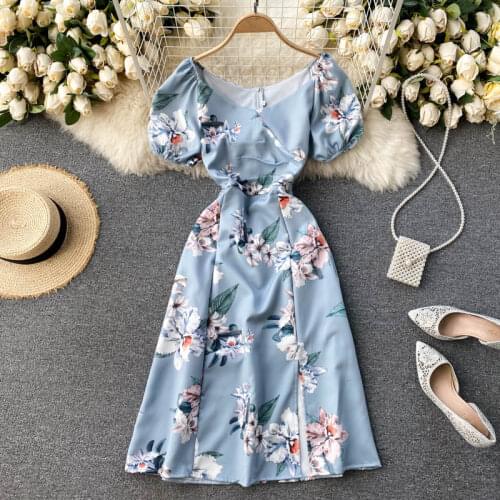 SINGREINY Elegant Print Dress Women Korean Chic V Neck Puff Sleeve A-line Dresses Autumn Sexy Split Streetwear Midi Long Dress