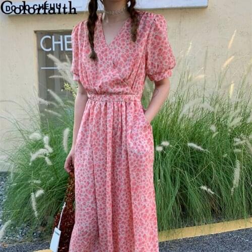 Colorfaith New 2021 Women Summer Dresses V-Neck High Waist Printed Floral Vintage Lace Up Korean Sweet Lady Long Dresses DR1714