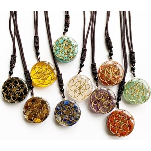 Chakra Crystal Chips Pendant Resin Tumblestones Round Flower of Life Orgonite Resin Necklace Adjustable Rope Chain Dropship 1pc