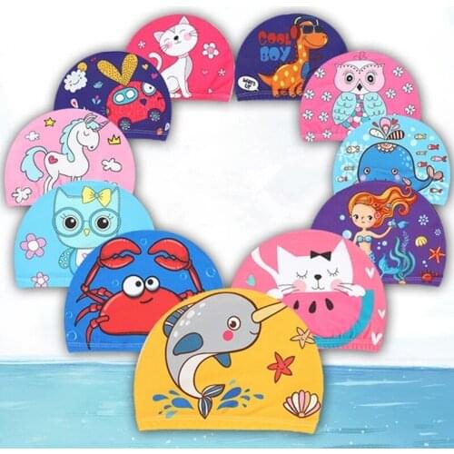 Children Kids Elastic Fabric Cartoon Swimming Cap Swiming Pool Water Sport Protect Ears Hat Swim Bathing Hats Caps Boys Girls