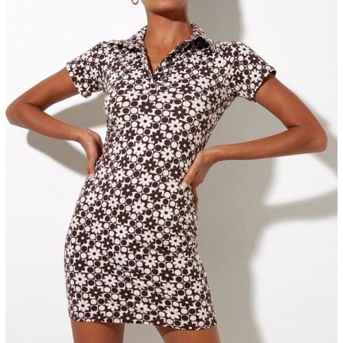 Chic Print Mini Dress Short Sleeve Dress Turn Down Collar Skinny Bodycon Harajuku Y2K Korean Style Women Vintage Streetwear 2021