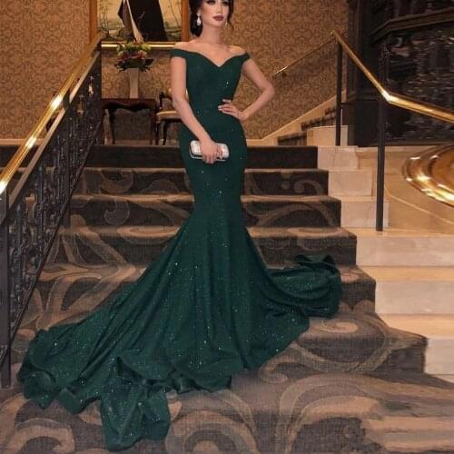 Dark Green Evening Dresses 2020 Off the Shoulder Prom Gown Vestido da festa Elegant Formal Mermaid Evening Dress LE4056