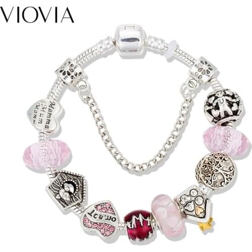 VIOVIA 2019 Dropshipping Vintage Silver Color Charm Bracelet Pink Tree of Life Fit Original Charm Bracelet Heart Bead B19031