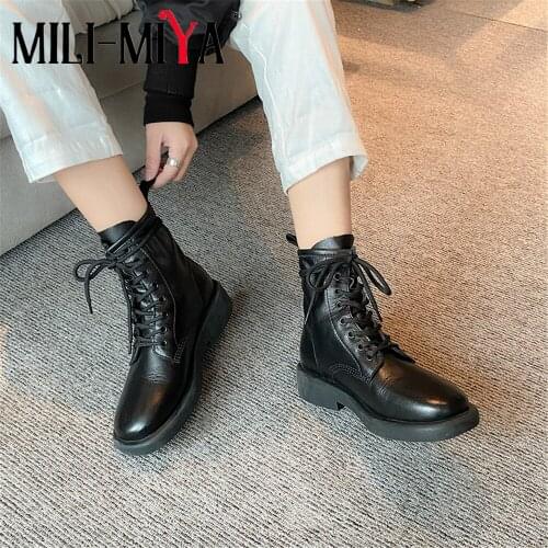 MILI-MIYA Classic Design Martin Shoes Women Full Genuine Ankle Boots Square Heels Lace Up Round Toe Size 34-40 For Ladies