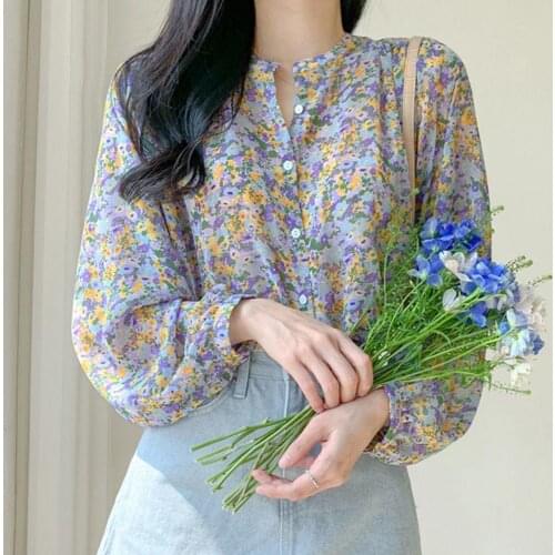 Female Summer Autumn Elegant Retro Thin Tops Long Sleeve Office Chiffon Shirt Floral Print Buttons Blouse Top T-shirt Women 2021
