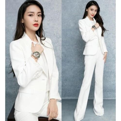 2019 Spring Autumn Women White 2 Pieces Pants Sets Ruched Ruffles Sleeve Blazer + Long Pants Office Lady Work Suits Set Y232