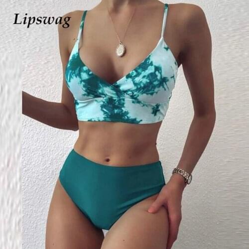 Women Swimsuit 2021 Sexy Fashion Green Color Matching Tie-dye Bandeau Bandage Bikini Set Push-Up Swimwear Beachwear Bathing Suit