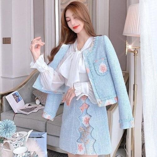 2021 New Autumn Winter Women Sets High Quality Fashion Embroidery Vintage Tweed Short Coat And Chic Mini Skirt Two Piece Set