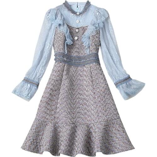 Spring Autumn New Elegant Splicing Lace Luxurious Vestidos Pastel Trendy Ukraine Office Ladies Chic Mini Korean Dress Women