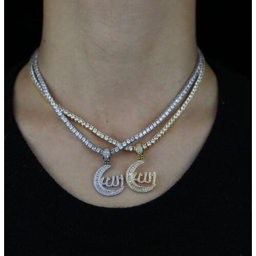 Women Moon Islam Allah Muslim Pendant Necklace with Rope chain Box chain 3mm cz tennis chain Necklace Religion Islamic Jewelry